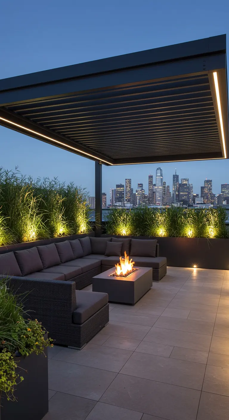 Modern dakterras met overkapping, loungeset, ingebouwde vuurplaats en stadsskyline op de achtergrond.