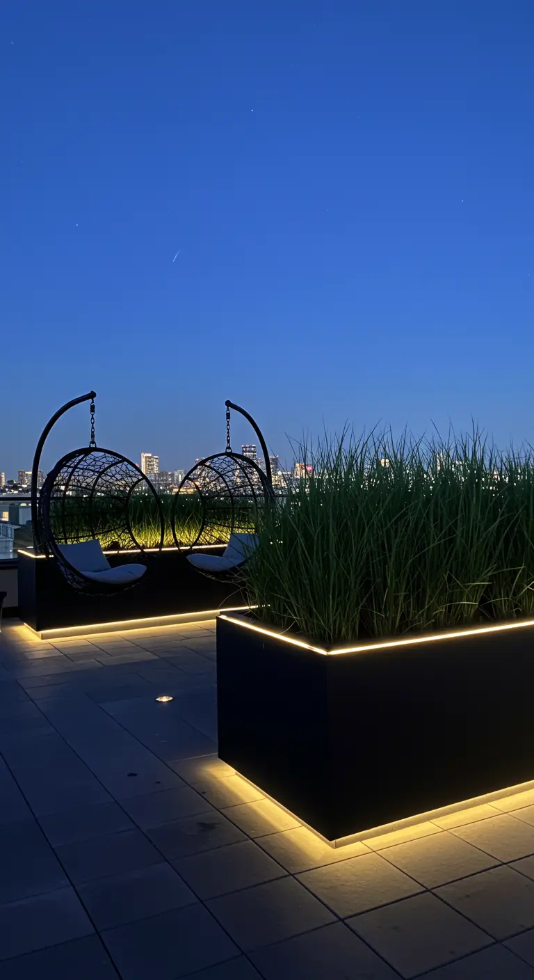 Twee ronde metalen hangstoelen op dakterras 's nachts, met verlichte zwarte plantenbakken.