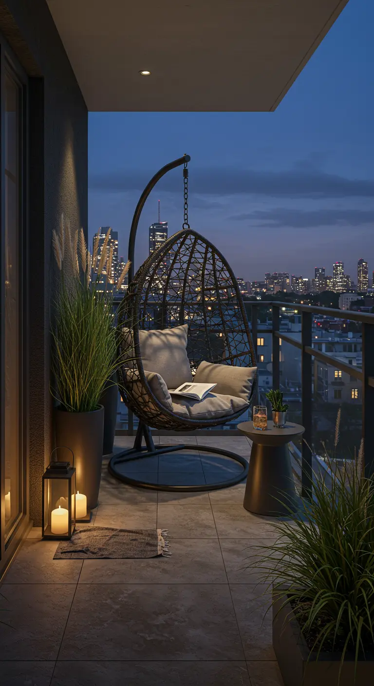 Moderne zwarte hangstoel op balkon met uitzicht op de stad 's avonds.