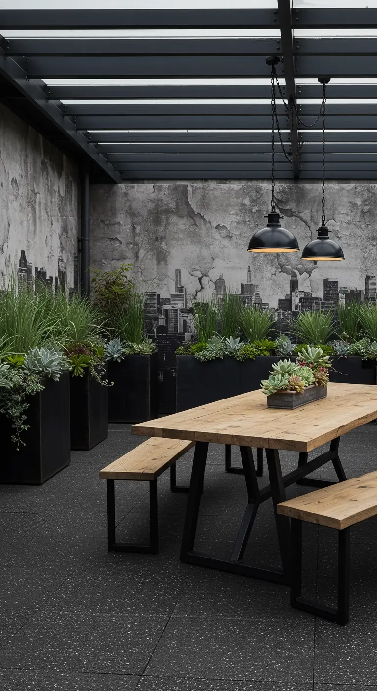 Dakterras met zwart-wit skyline buitenbehang, houten picknicktafel en grote plantenbakken.