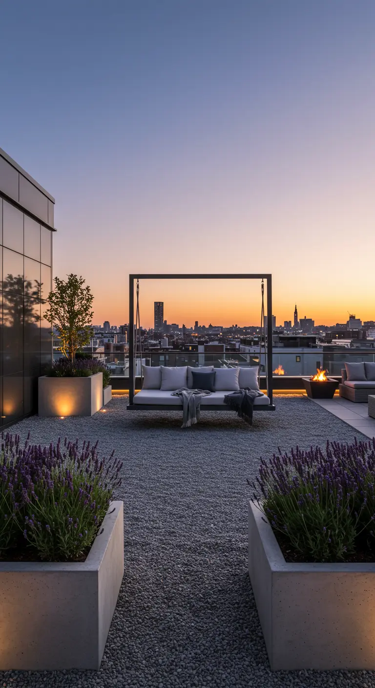 Moderne schommelbank op dakterras met grind, plantenbakken, vuurkorf en stadszicht bij schemering.