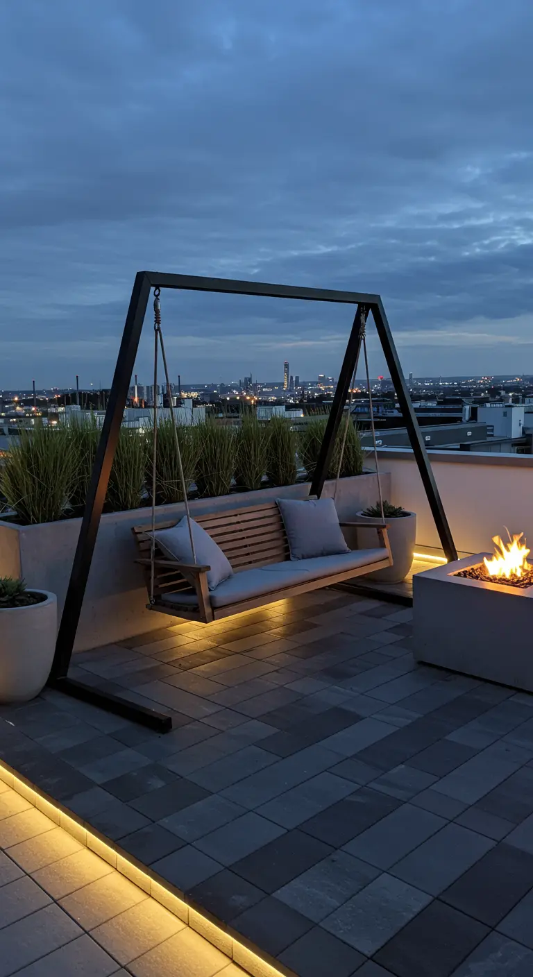 Moderne zwarte schommelbank op een dakterras met stadszicht, vuurtafel en LED-verlichting.