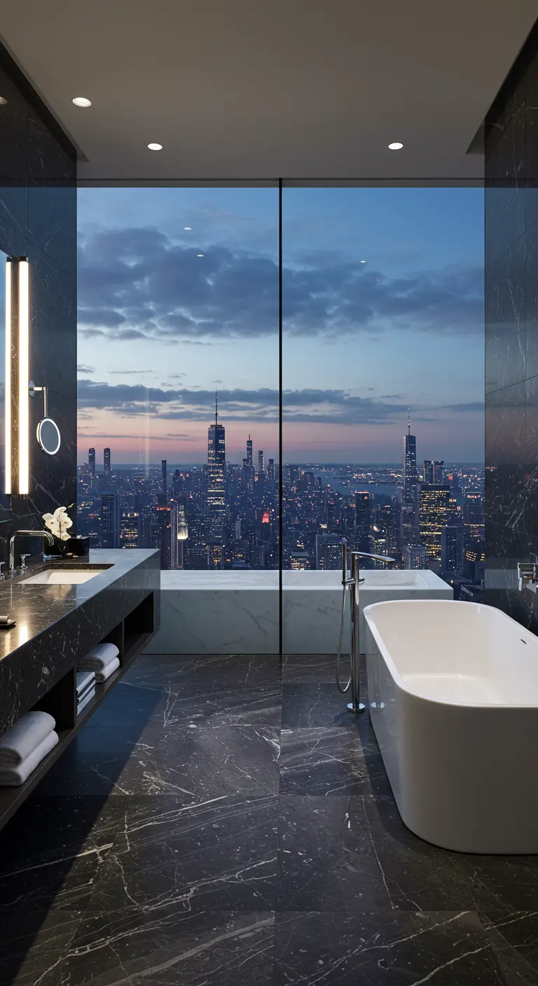 Moderne badkamer met kamerhoog raam en spectaculair uitzicht op een skyline bij nacht.