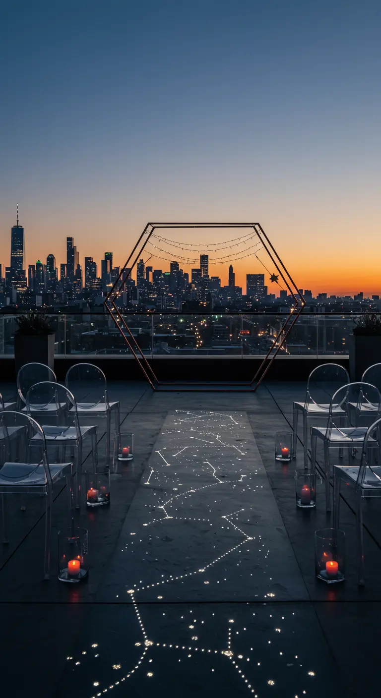 Trouwceremonie op dakterras met skyline, hexagon boog en sterrenprojectie op gangpad.