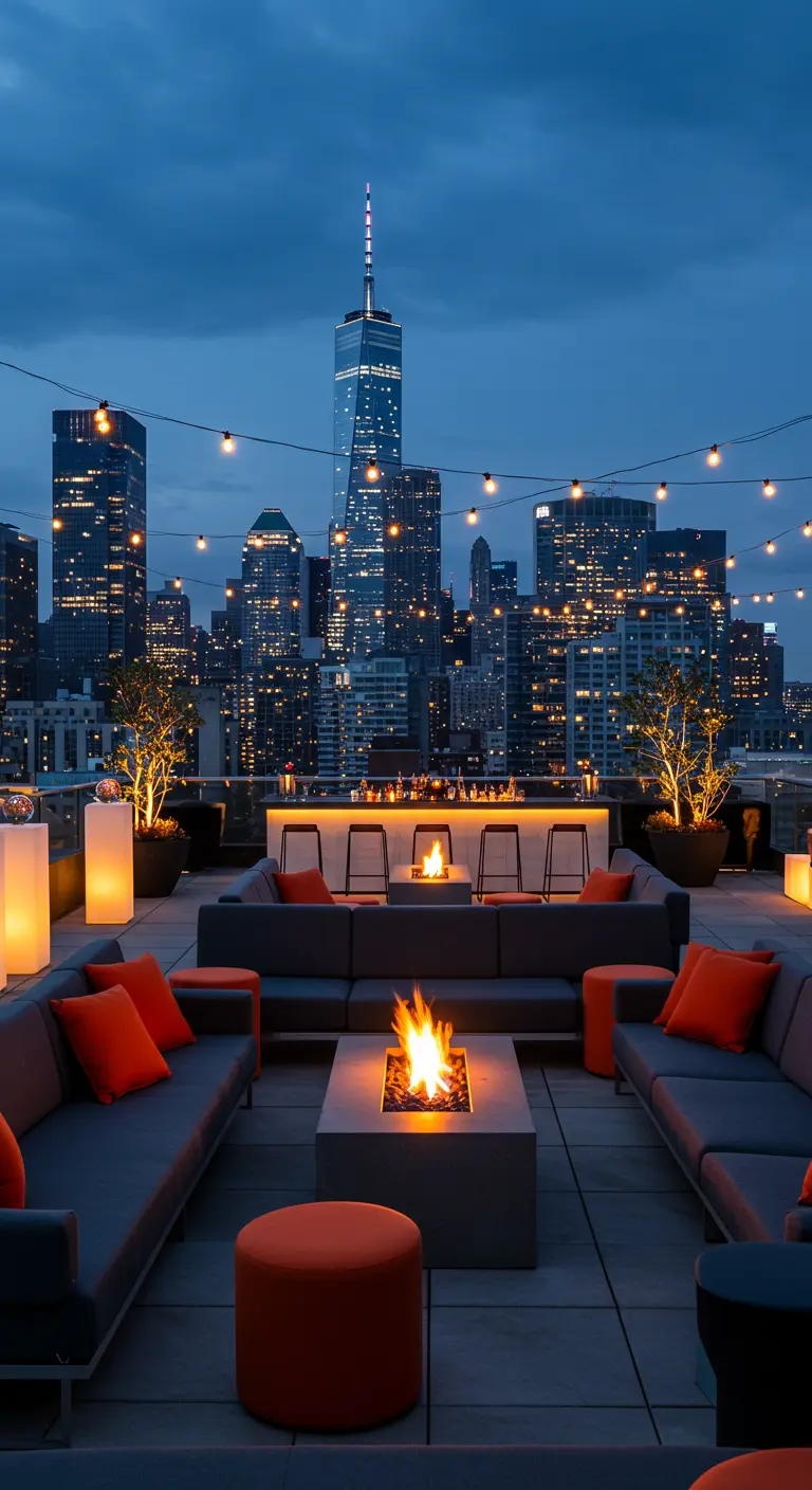 Rooftop lounge met uitzicht op de skyline, vuurplaats en sfeervolle lichtslingers.