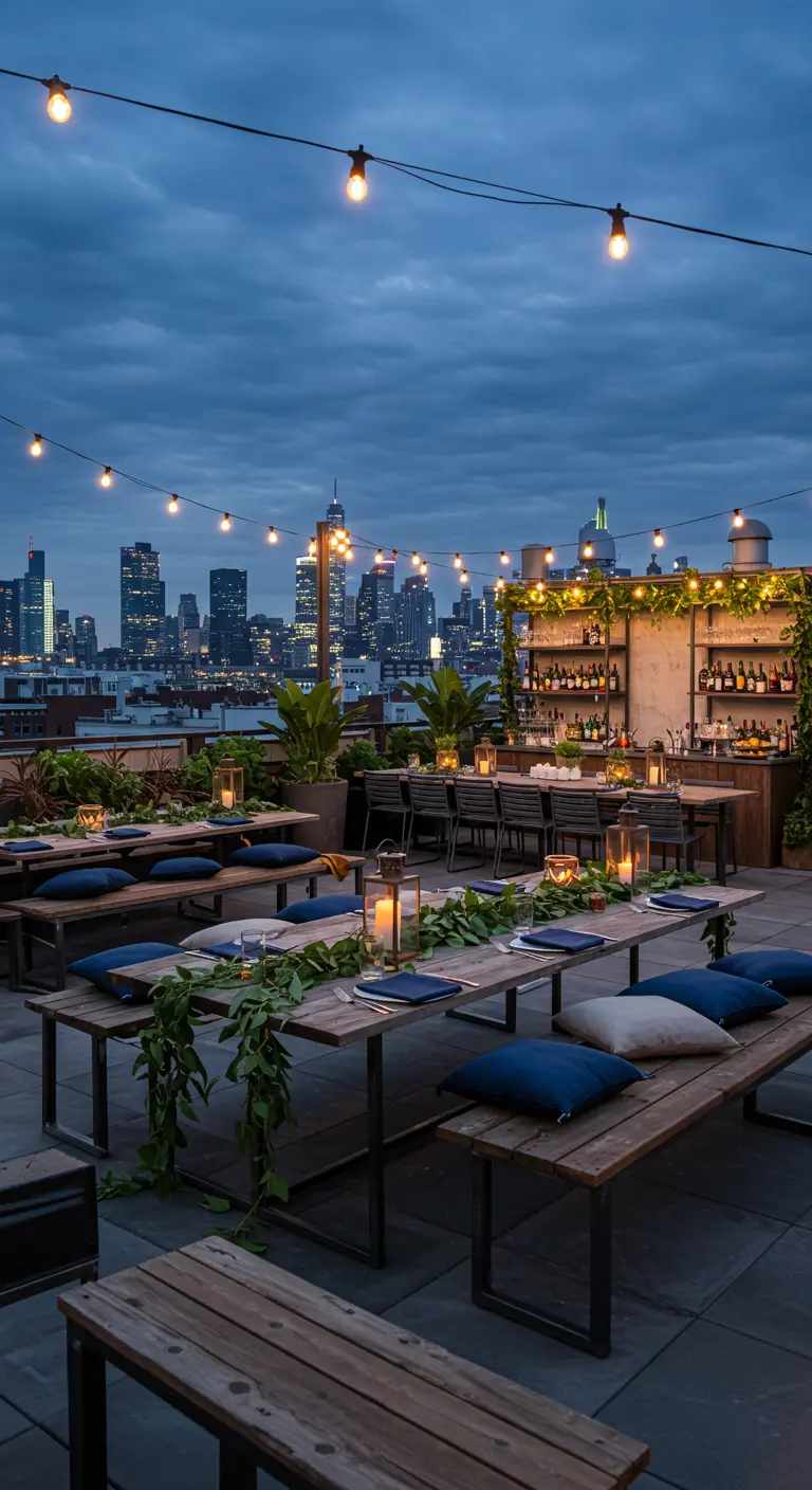 Feestelijke rooftop setting met lichtslingers en stad op achtergrond.