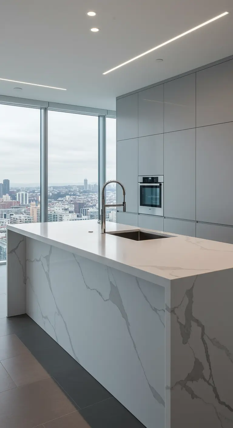 Moderne keuken met wit marmeren eiland, geïntegreerde RVS spoelbak en uitzicht op de stad.