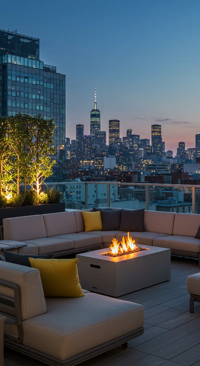 Dakterras met loungeset, vuurtafel, gele en grijze kussens, en uitzicht op de skyline.