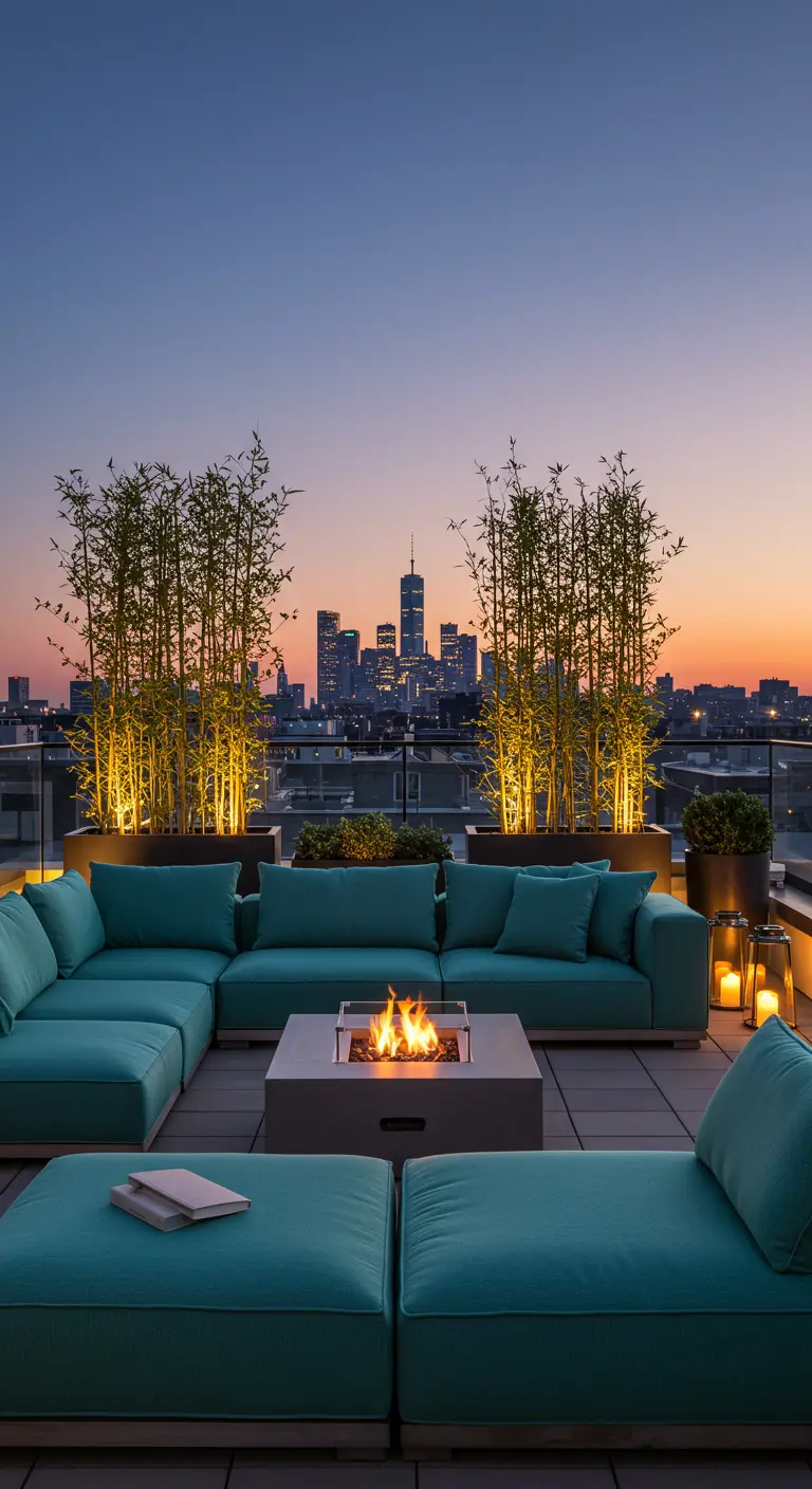 Dakterras met blauwgroene loungebanken, vuurtafel en uitzicht op de stad.