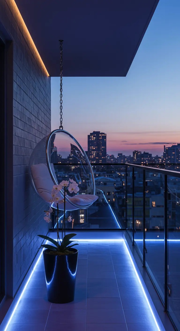 Transparante hangstoel met wit kussen, LED-verlichting en stadszicht 's nachts.