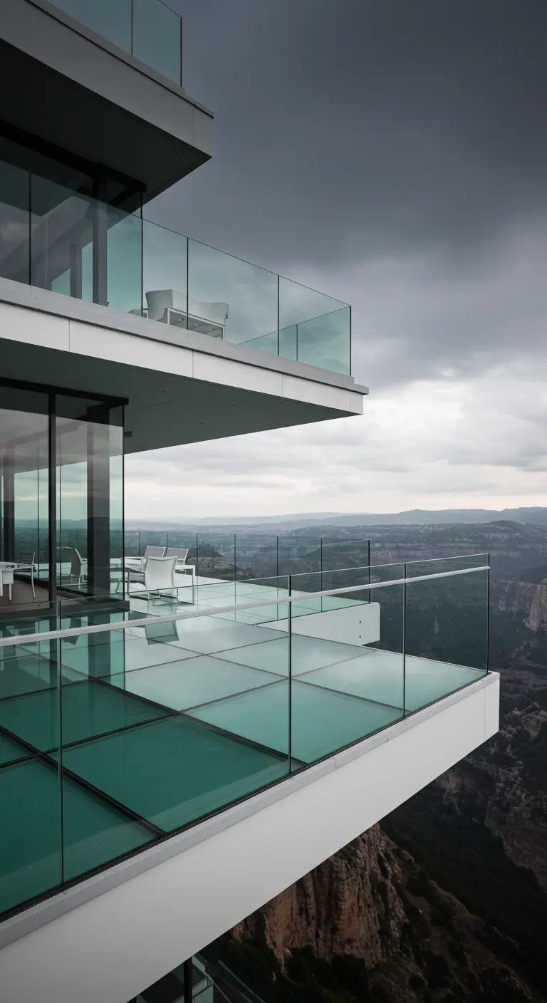 Architectonisch balkon met glazen vloer en balustrade, met uitzicht op een berglandschap.