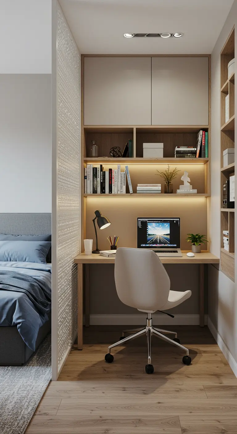 Compacte werkplek afgescheiden van het slaapgedeelte door een halfhoge wand.