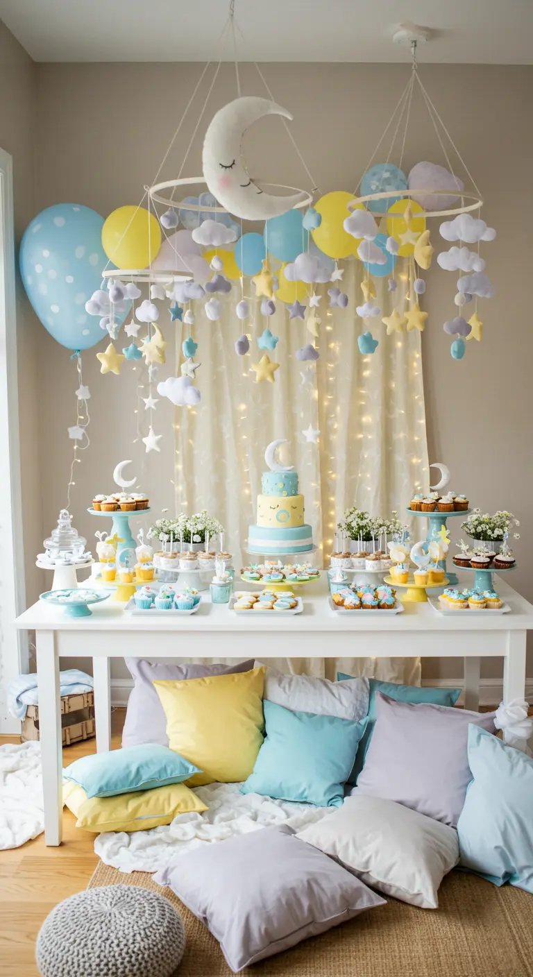 Babyshower met sterren en maan thema, mobiel en pastelkleurige vloerkussens.