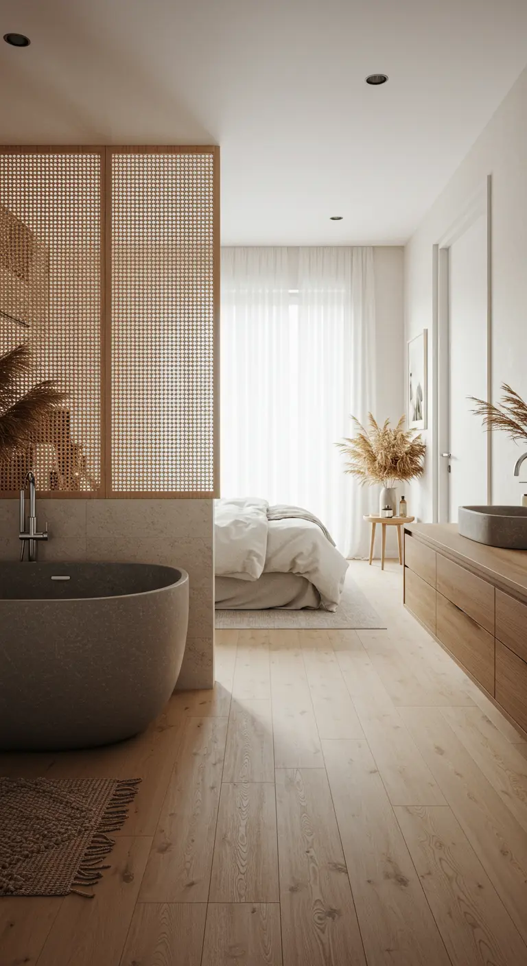 Open badkamer en suite met rotan roomdivider en natuurstenen bad.