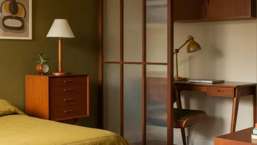 Stijlvolle slaapkamer met een verborgen werkplek, afgescheiden door een paneel.