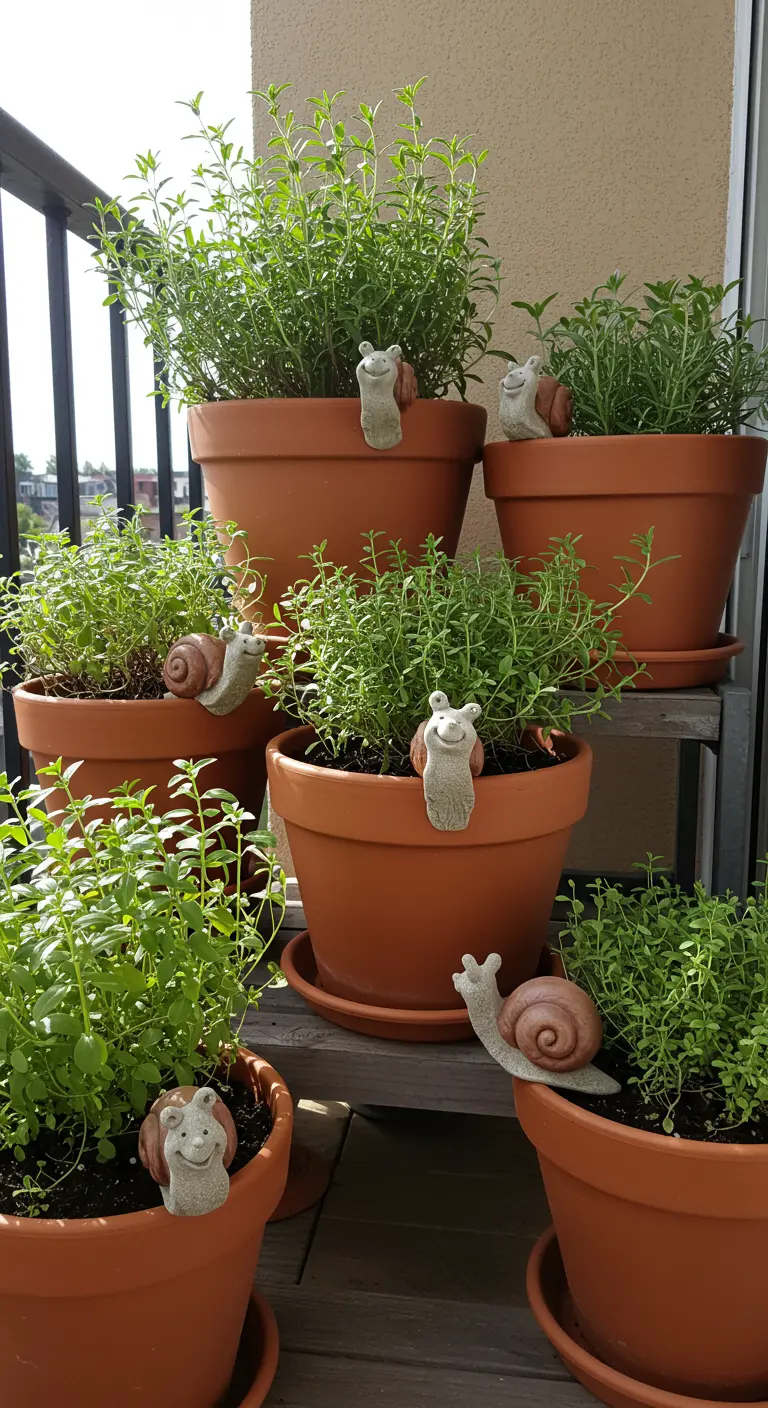 Terracotta potten met kruidenplantjes op een balkon, versierd met kleine stenen slakkenbeeldjes.