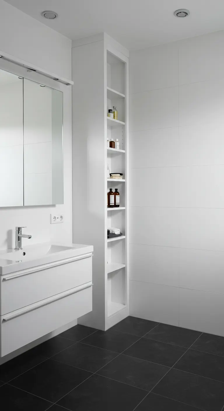 Hoge, smalle witte open kast ingebouwd naast een wastafelmeubel in een strakke badkamer.