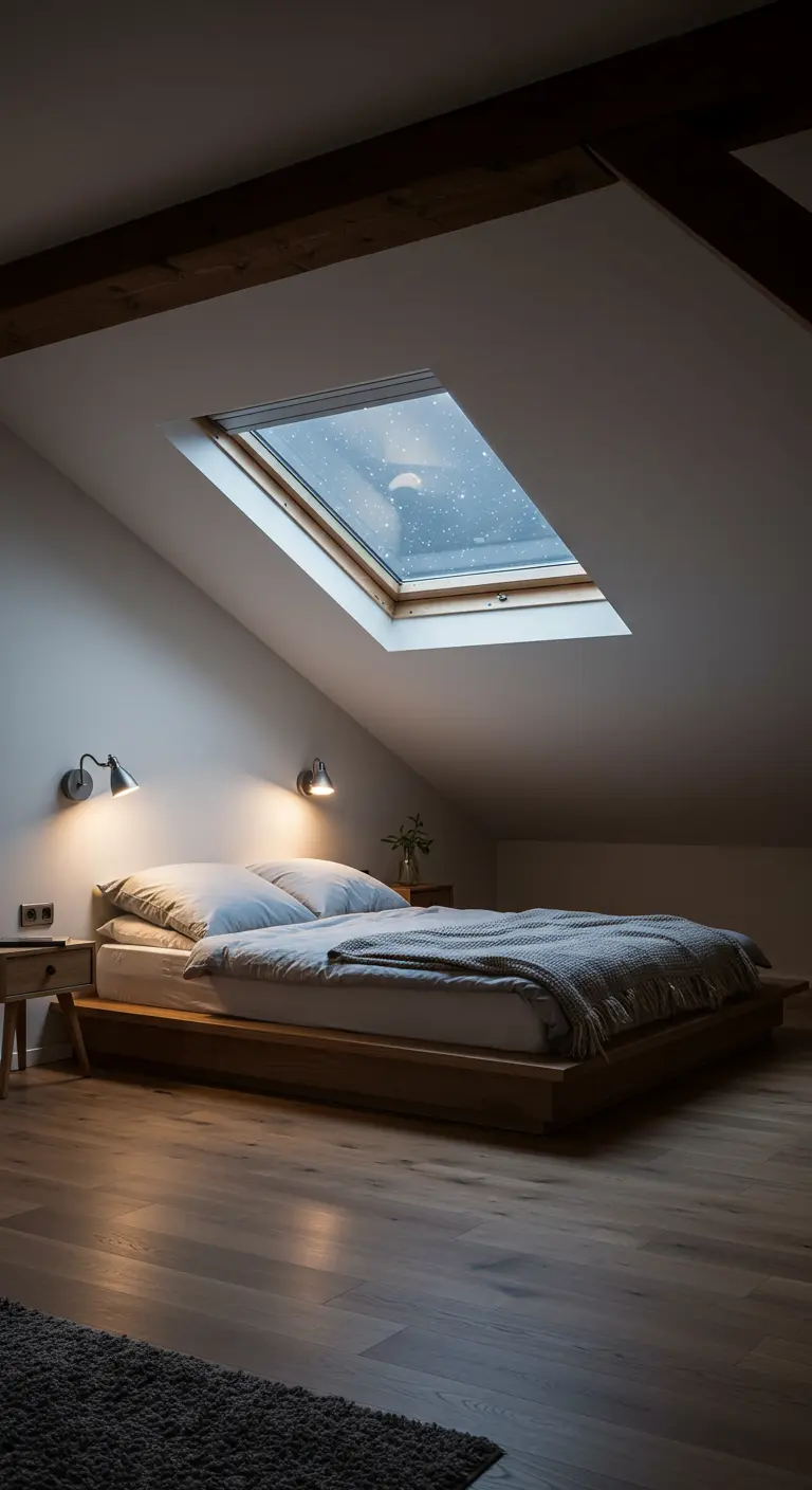 Slaapkamer op zolder met houten vloer en groot dakraam waardoor de maan en sterren zichtbaar zijn.