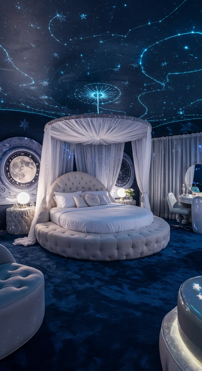 Slaapkamer met sterrenhemel plafond, rond bed en hemelse decoraties.