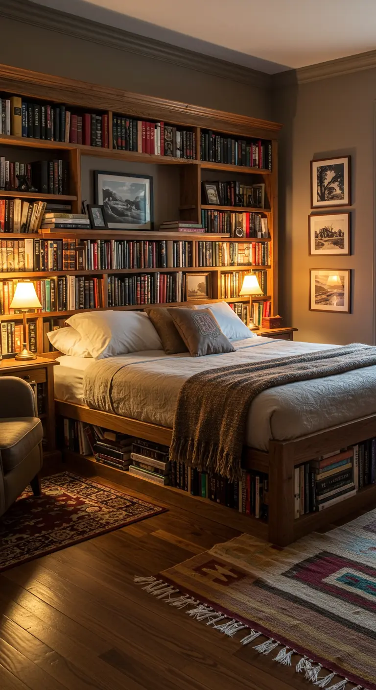 Houten bedframe ingebouwd in en omringd door een grote boekenkast.