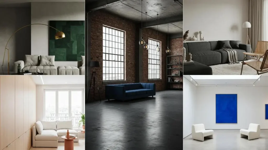 Ruime, minimalistische woonkamers met focus op slechts drie kleuren en veel openheid.