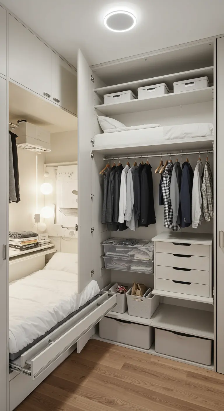 Compacte slaapkamer met een Murphy bed dat uit een open kastenwand klapt.
