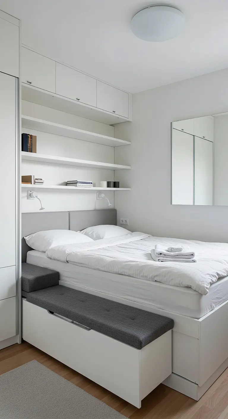 Compacte slaapkamer met wit bed en een ingebouwd grijs bankje met opbergruimte.