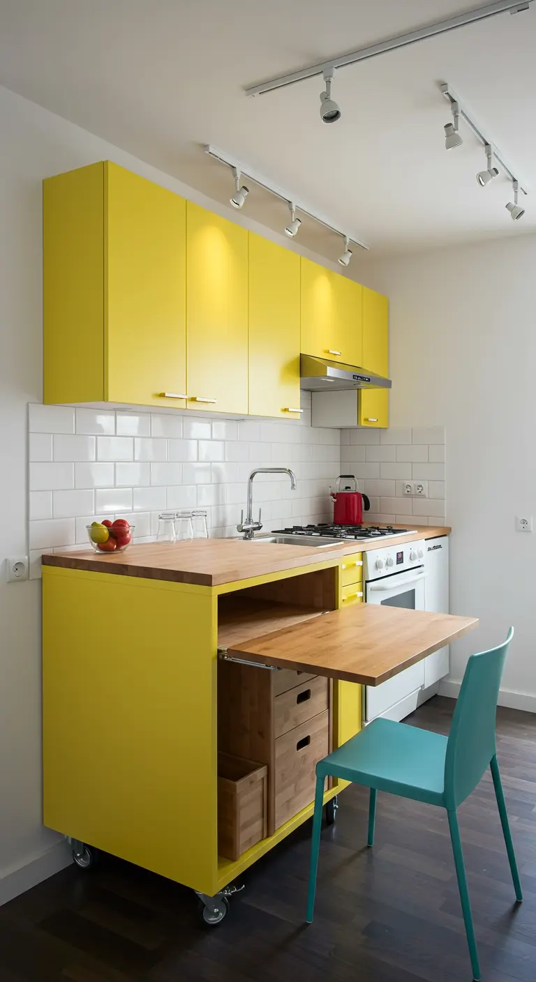 Kleine gele keuken met verplaatsbaar kookeiland, uitschuifbare tafel en turkooizen stoel.