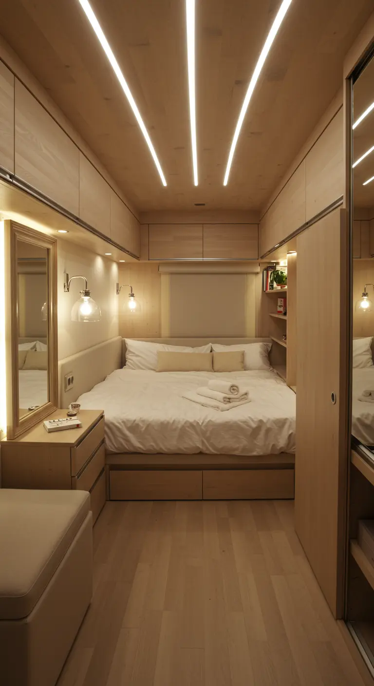 Compacte slaapkamer, mogelijk in een camper, met slimme LED-verlichting en lichte houttinten.