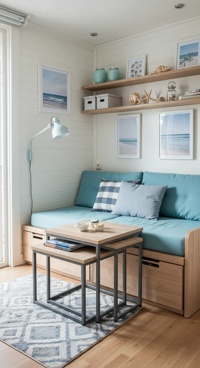Compacte woonkamer met daybed, nesttafels, wandplanken en maritiem decor.