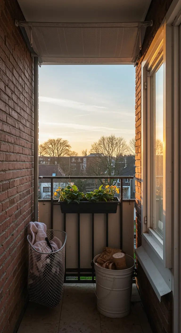Uittrekbaar droogrek boven de reling van een smal balkon.