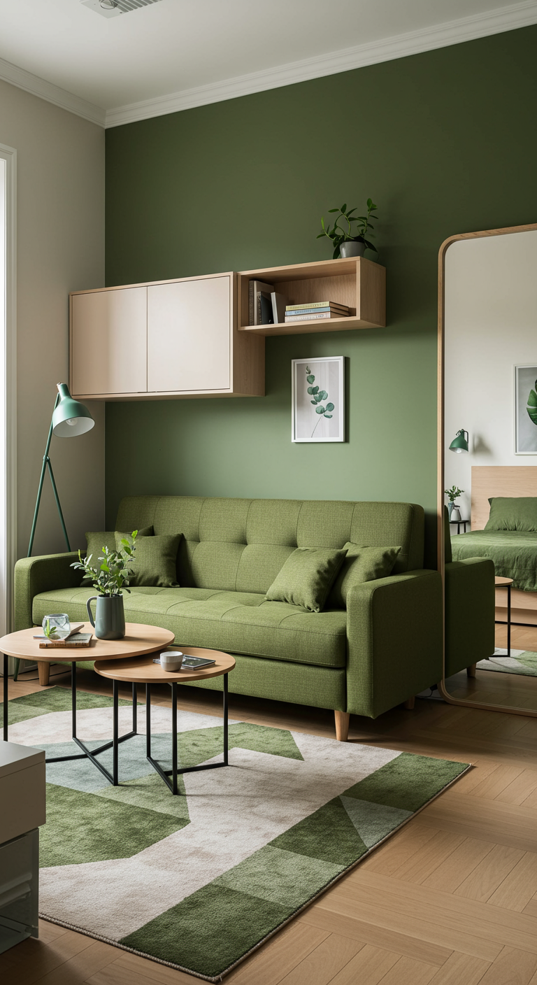Compacte woonkamer met olijfgroene accentmuur, bank en grote spiegel.