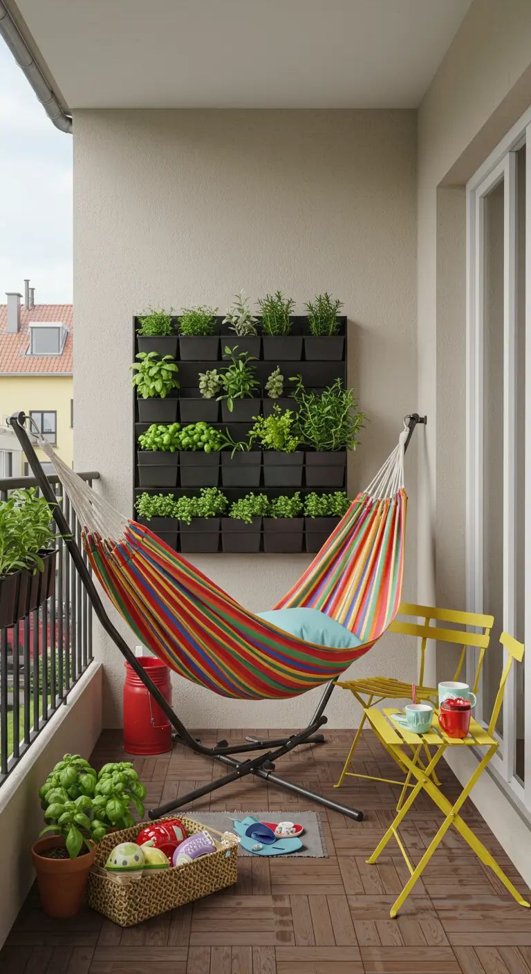 Kleurrijke hangmat op standaard naast een verticale kruidentuin op een balkon.