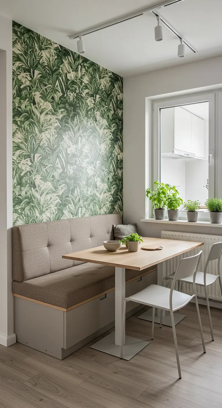 Compacte eetkamer met ingebouwde grijze bank, houten tafel, witte stoelen en een groene botanische accentmuur.