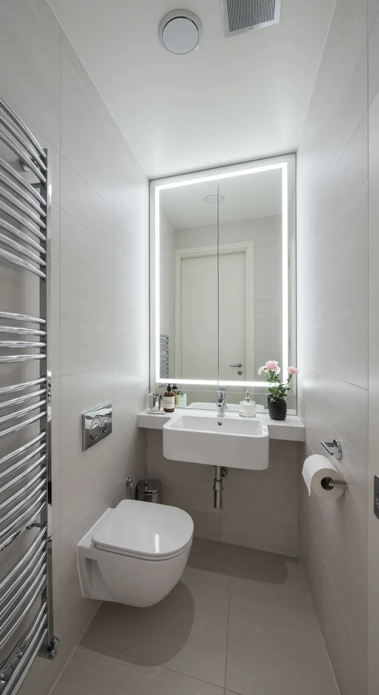 Smalle, moderne badkamer met een spiegelkast voorzien van verticale zijverlichting.