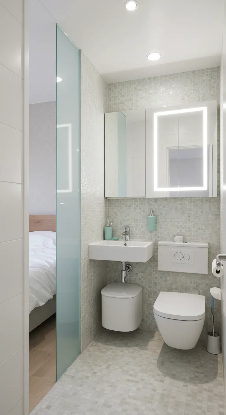 Compacte badkamer met matglazen deur en lichte mozaïektegels.