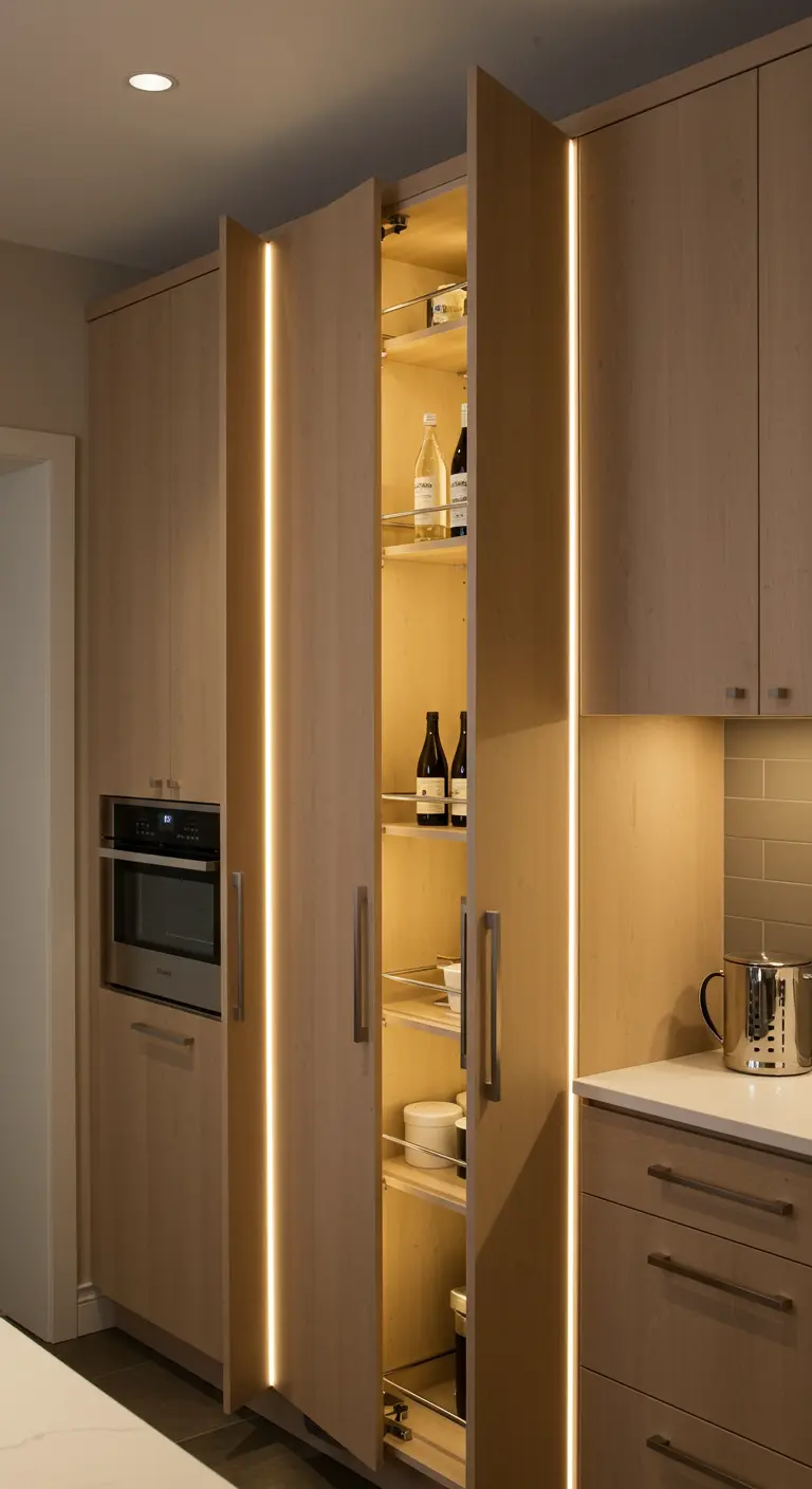 Opengetrokken hoge voorraadkast met planken, verlicht door verticale LED-strips.