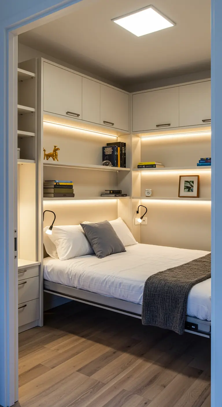 Compacte slaapkamer met ingebouwde kasten en LED-strips onder planken voor sfeerverlichting.