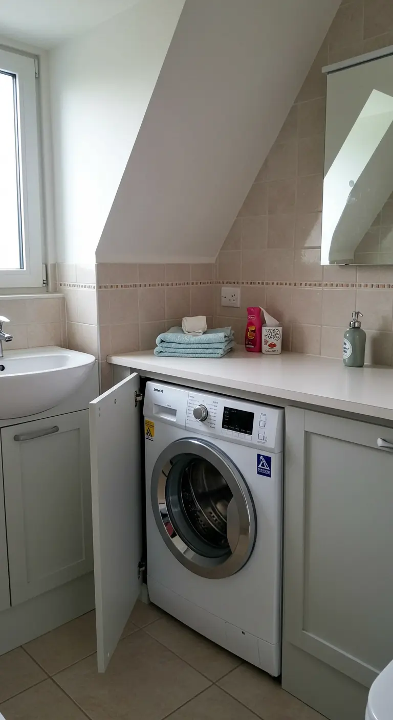 Wasmachine onder een werkblad in een badkamer met een schuin dak.