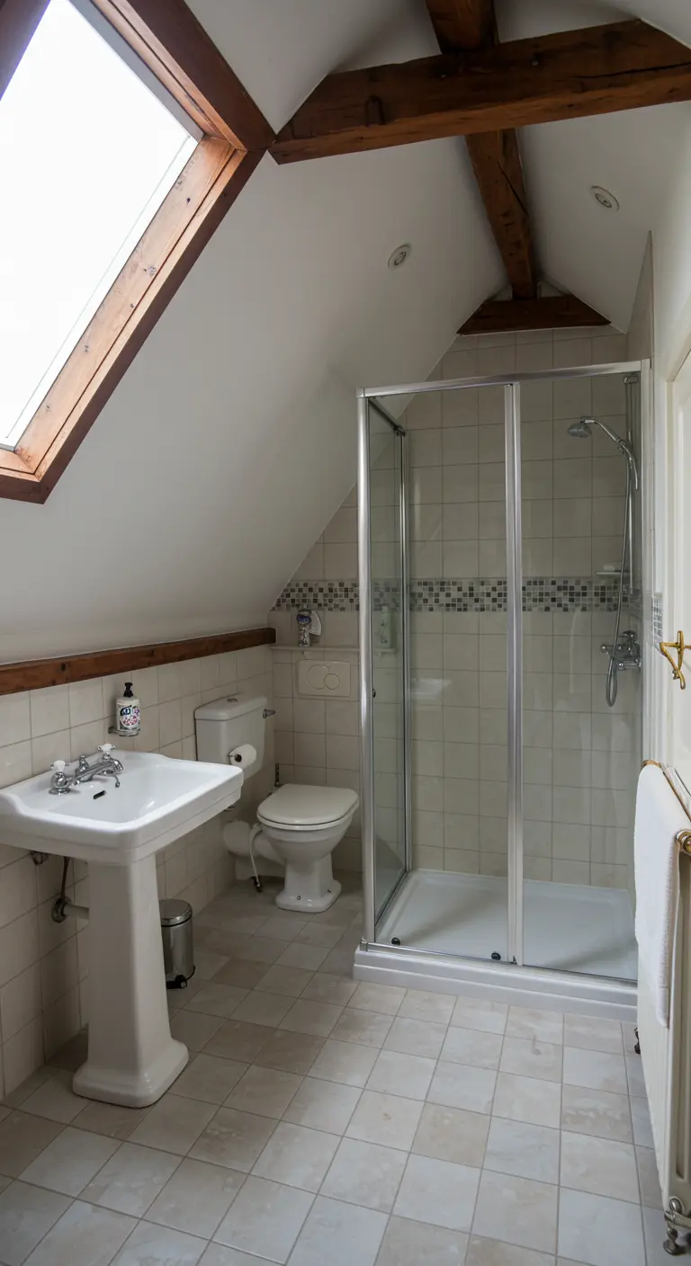 Badkamer met schuin dak en een standaard douchecabine bij een dakraam.