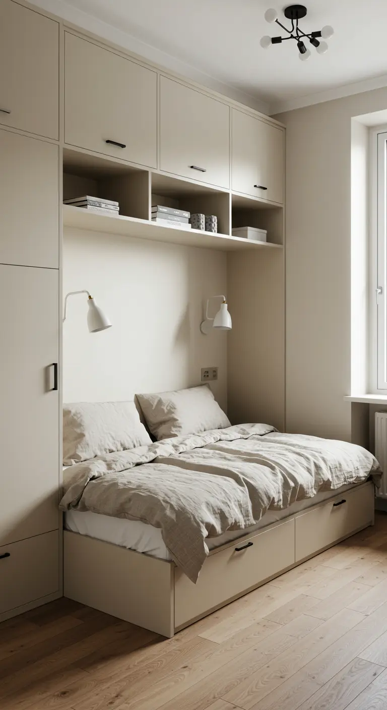 Compacte slaapkamer met ingebouwde beige kasten rond het bed, open nissen en wandlampen.