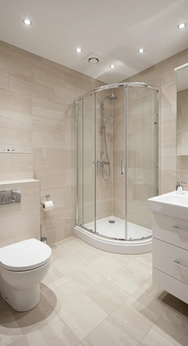 Compacte badkamer met lichte tegels en een kwartronde douchecabine.