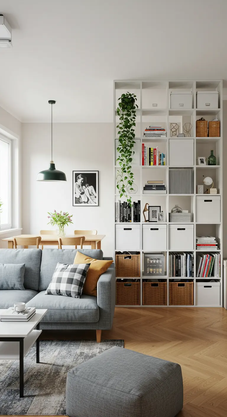 Witte open vakkenkast als roomdivider, gestyled met boeken en planten.
