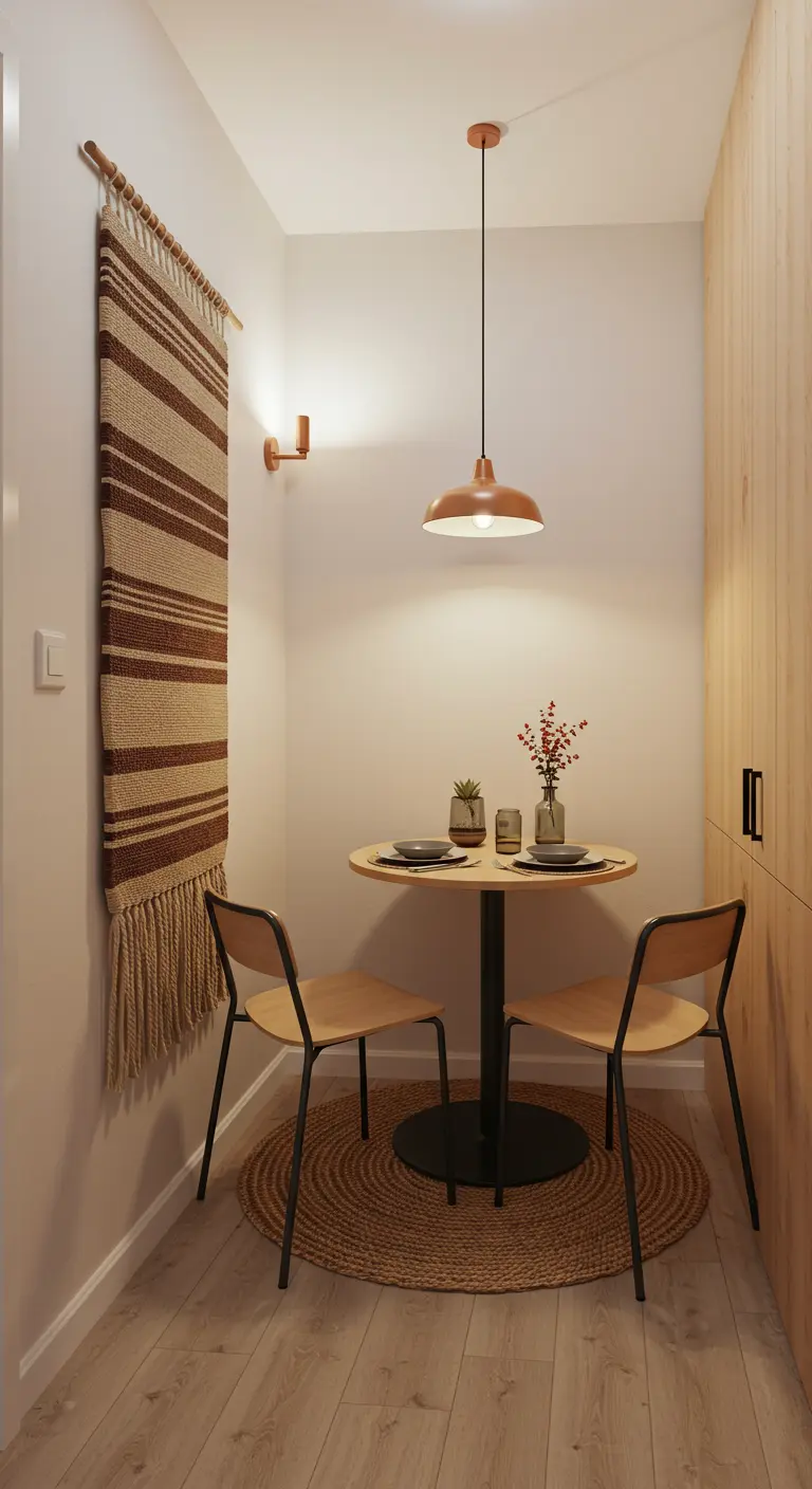 Smalle eethoek met gestreept wandkleed, ronde tafel en rond jute kleedje.