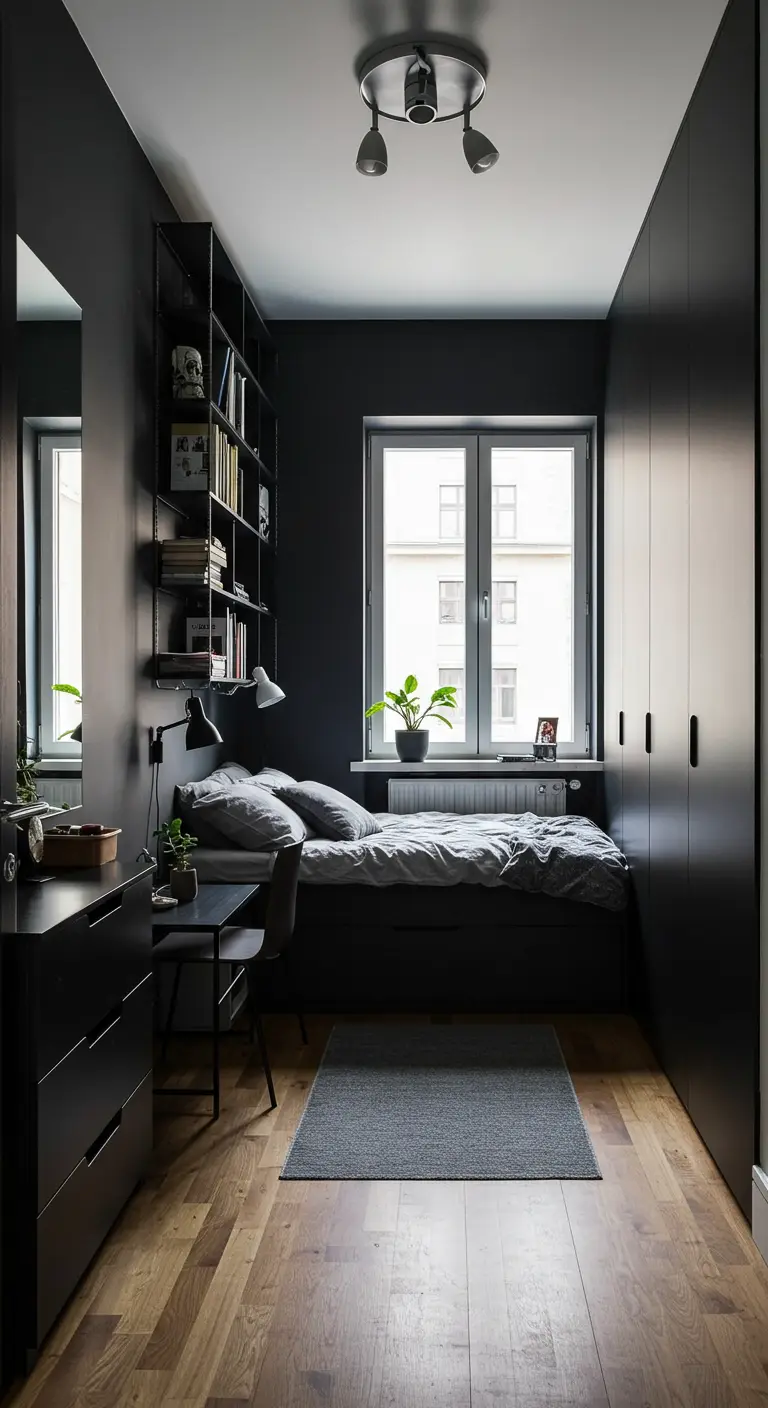 Smalle, lange slaapkamer met donkere muren, slimme opbergruimte en een groot raam.