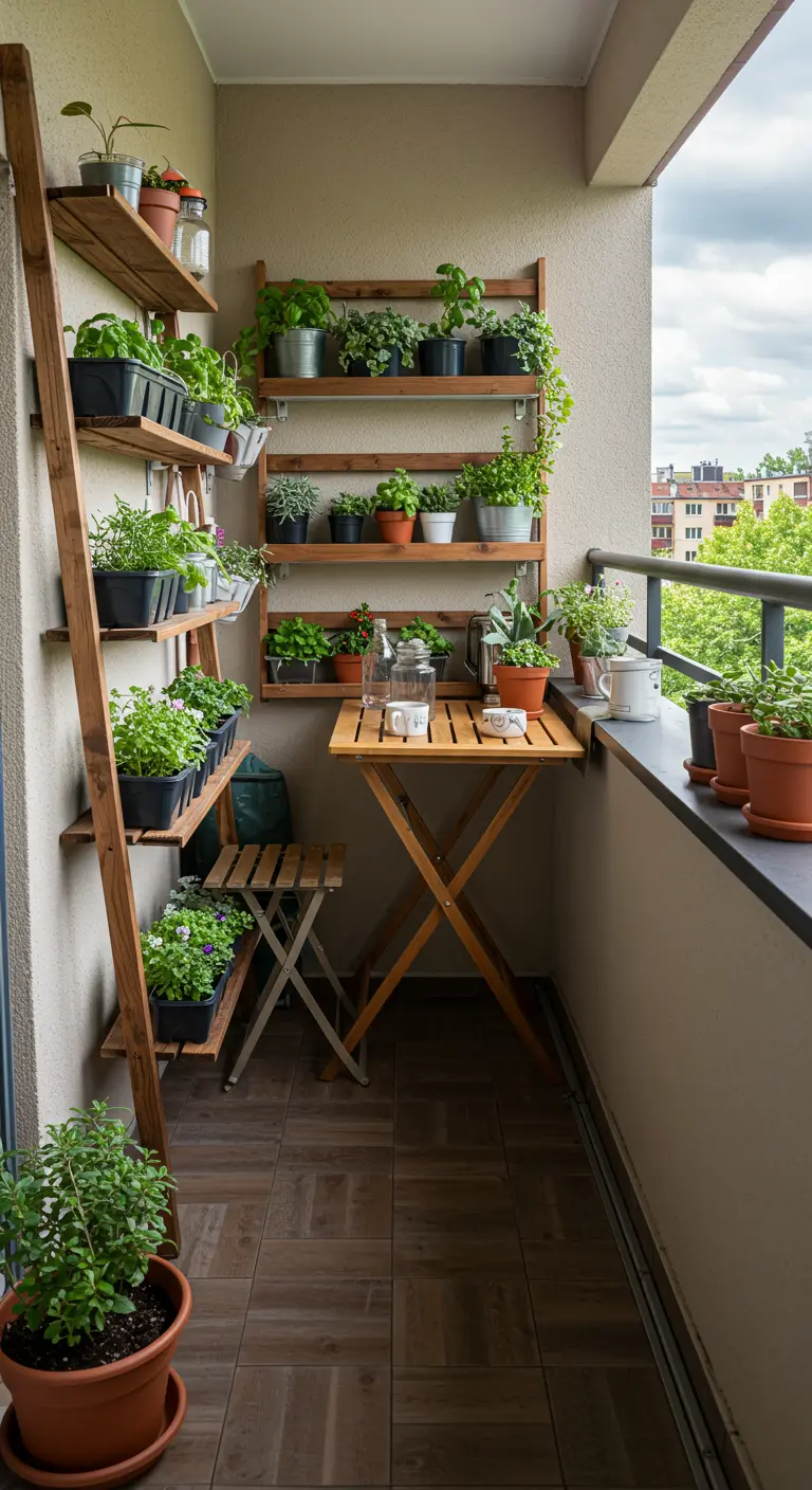 Smal balkon met houten planken vol kruidenpotten, een opklapbaar houten tafeltje en stoel.