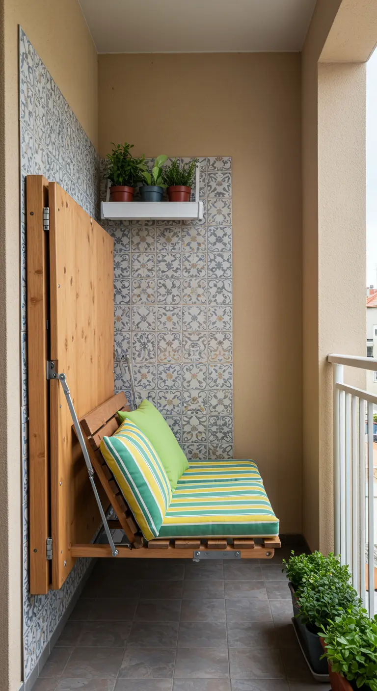 Opklapbare houten bank met gestreepte kussens aan de muur van een klein balkon.
