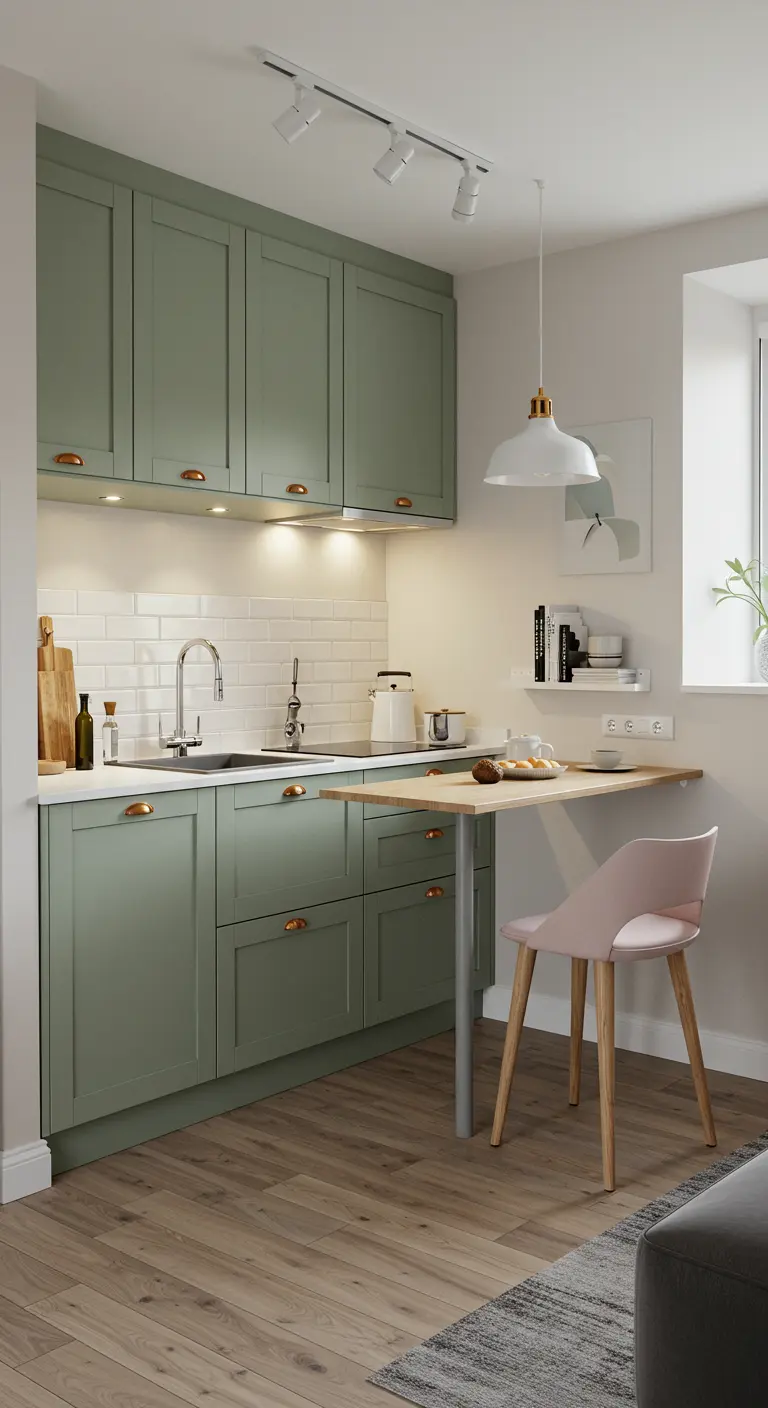 Saliegroene keuken met een slimme, kleine uitklapbare eettafel aan het aanrecht.