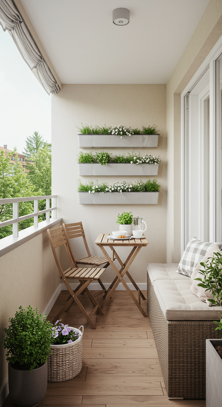 Smal balkon met houten bistroset, bankje met kussens en witte verticale plantenbakken aan de muur.