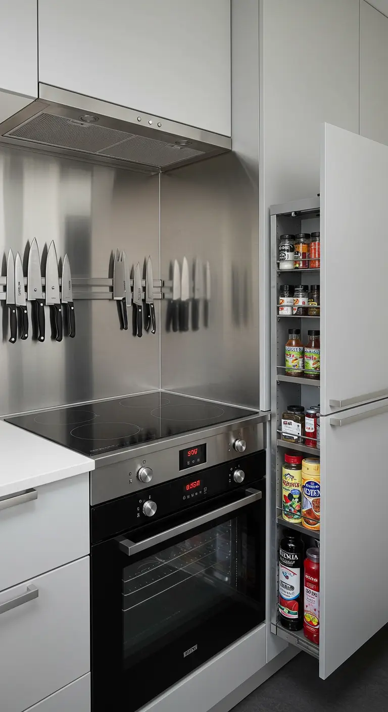 Moderne keuken met ingebouwde oven en uittrekbare apothekerskast voor kruiden.